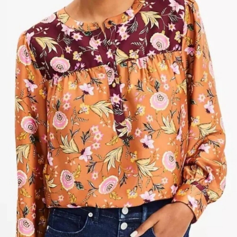 Loft Mixed Print Henley Long Sleeve Blouse Sz Medium